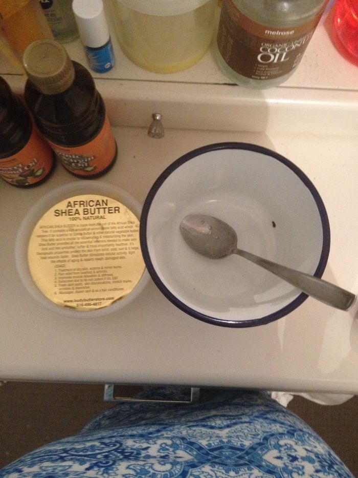 Add about 4 tablespoons of 100% African Shea butter. It is very important to get unrefined and pure Shea butter because it has many benefits to it. Like its packed with vitamin A.