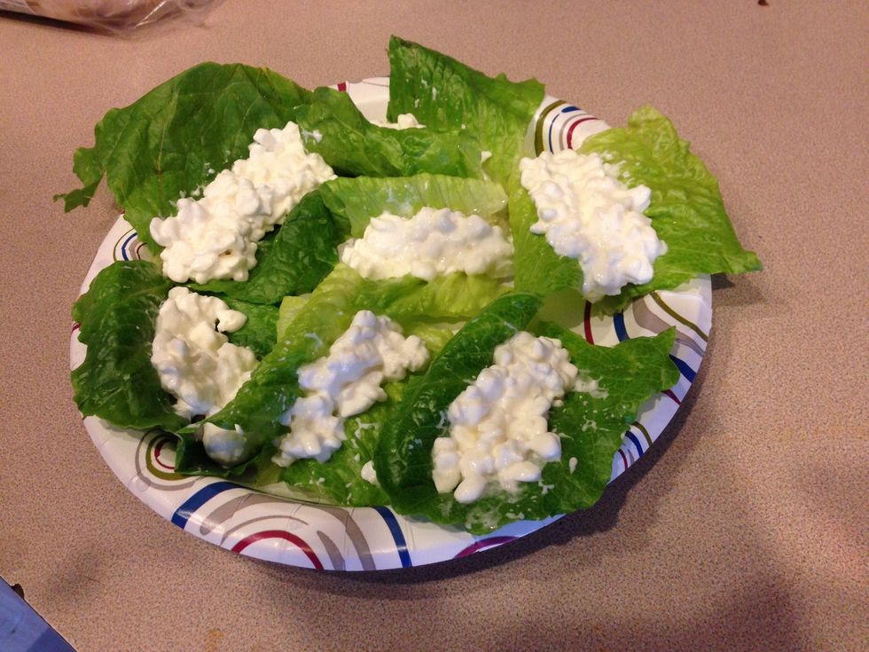 Add about a teaspoon of cottage cheese to each leaf.