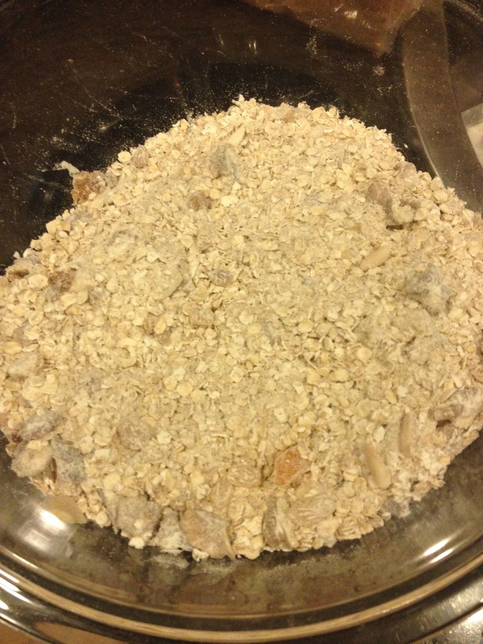 Add all dry ingredient with dried fruits and nuts and mix