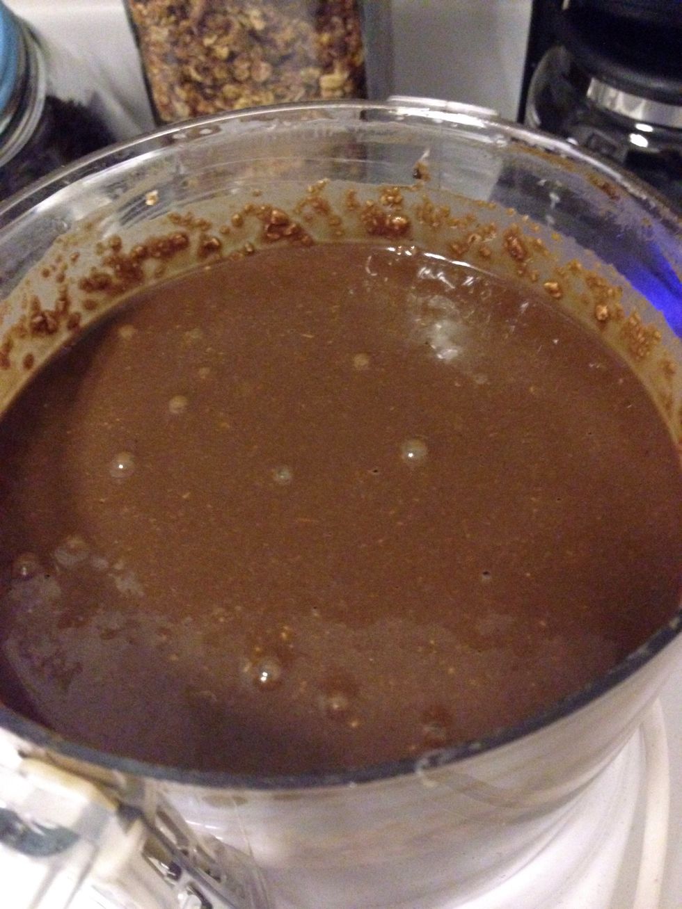 Add all ingredients (except chocolate chips) to a blender or food processor and blend until COMPLETELY combined and no big oat pieces remain.