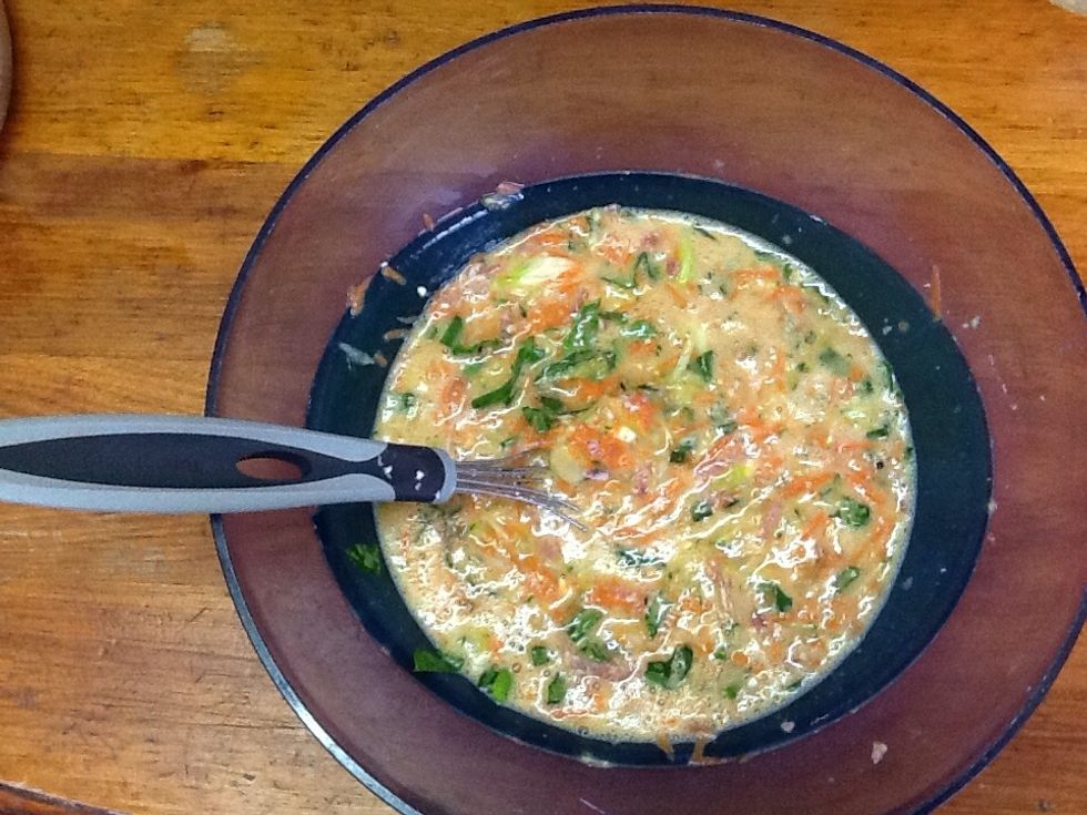 Add all ingredients into the egg mixture and add salt and pepper for taste (optional)