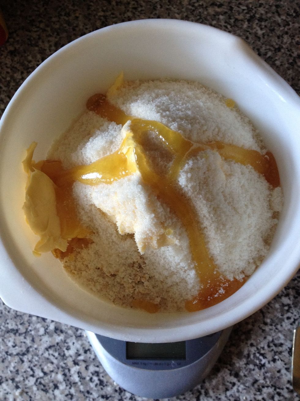 Add all ingredients to the bowl. When measuring out the golden syrup, put the spoon in hot water beforehand and it'll run off easier \ud83d\udc4c