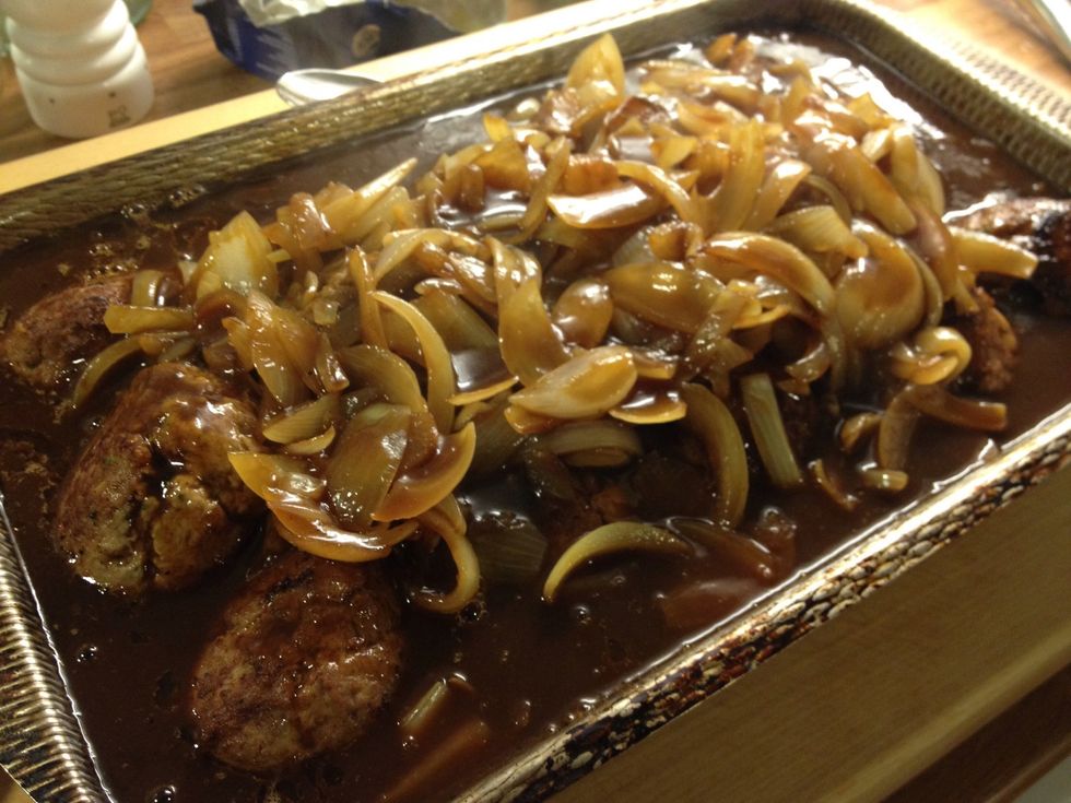Add all meatballs to casarole and add the onion sauce on top.