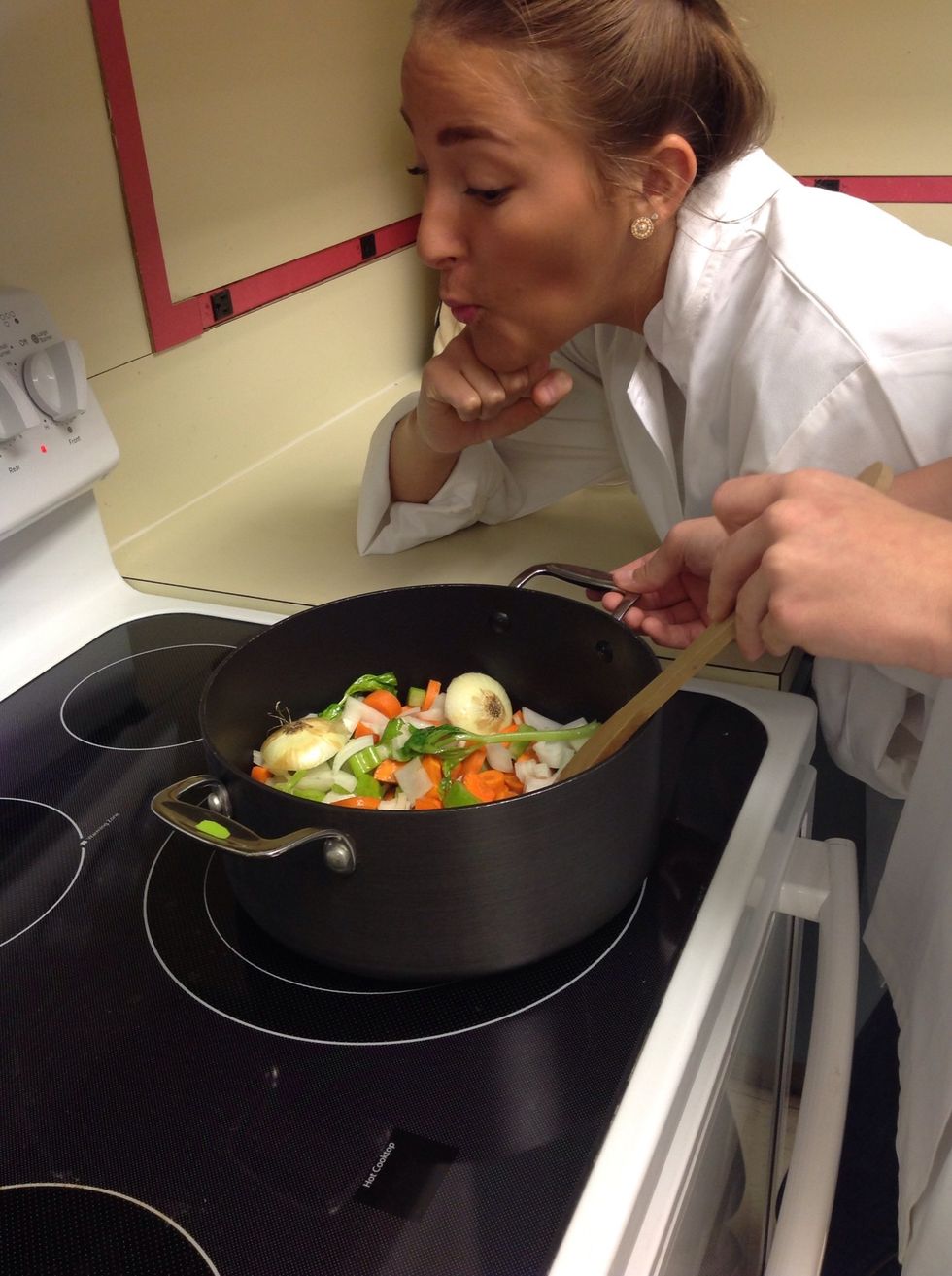 Add all mirepoix to a stock pot with oil. Make sure to include the ends of the vegetables.