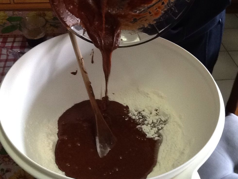 Add all of the chocolate mixture into the flour mixture and stir until combined.