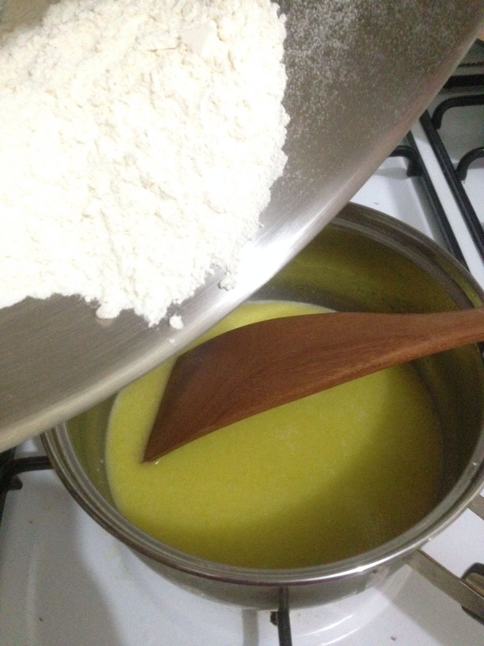 Add all of the flour mixture to water-butter mixtures and stir with wooden spatula