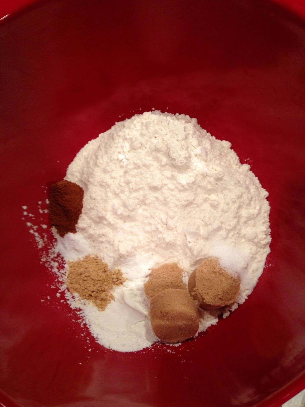 Add all of your dry ingredients to a bowl (flour, salt, brown sugar, baking soda, baking powder, ground ginger and ground cinnamon.)