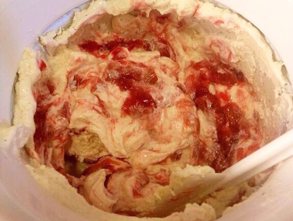 Add all or as much as you want. It may be difficult to reach the bottom of the bowl, because of the texture. If you don't use all of the compote now, save it and serve together with the icecream.