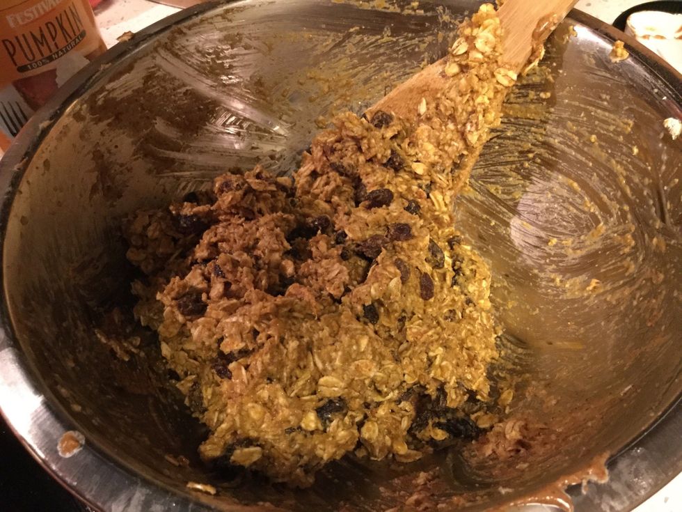 Add all other ingredients to the flax seed mixture. Stir with wooden spoon until well mixed, and the almond butter no longer is in chunks.