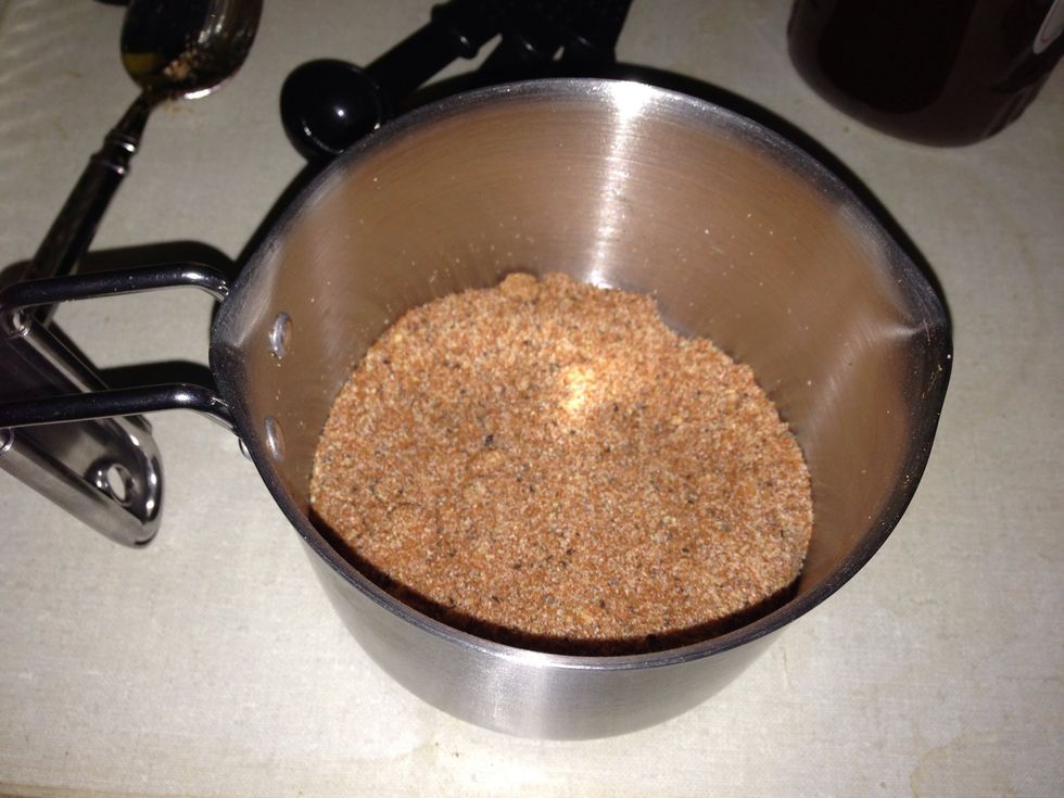 Add all seasonings to a cup and mix well. This is your rub. The brown sugar will add some sweetness to the crust and will also make the meat a bit darker as it caramelizes.