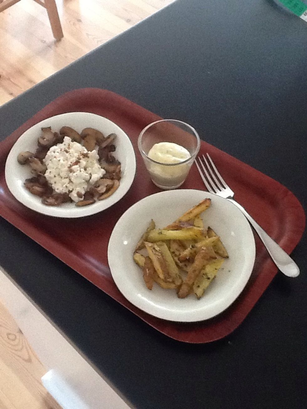Add all the dishes to a tray. Dip the potatoes into the mayo