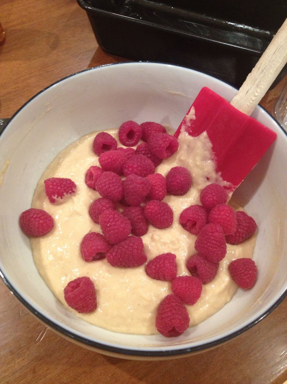 add all the dry ingredients, mix, then add raspberries! don't over mix!