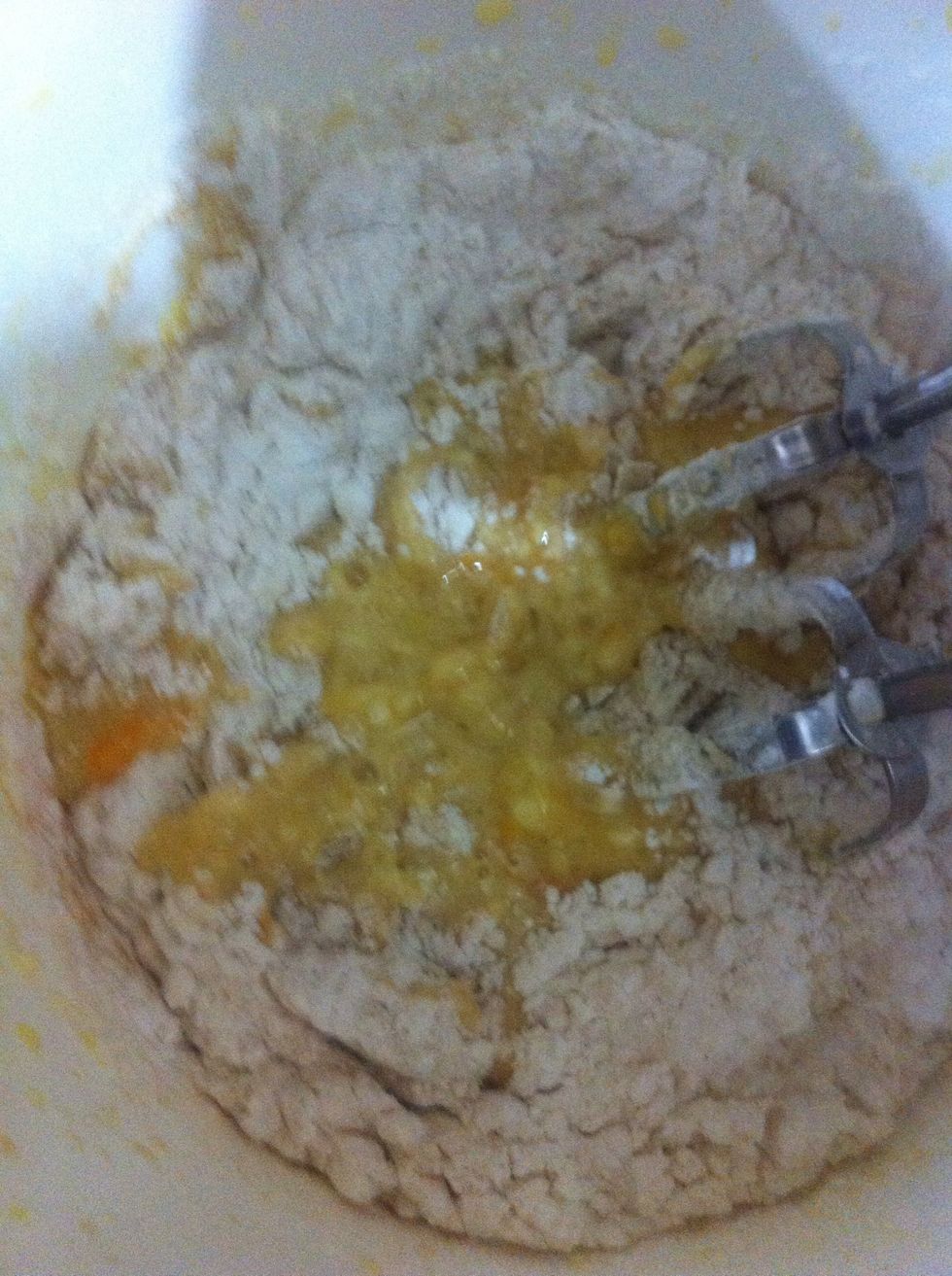 Add all the dry ingredients now I.e. Flour, baking powder, baking soda, and a pinch of salt