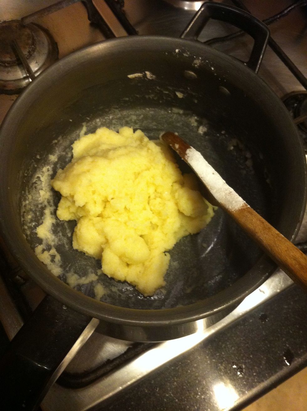 Add all the flour at once. Beat with a wooden spoon over heat to form a smooth paste.