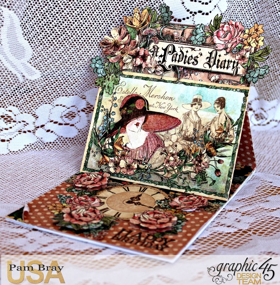 Add all the fussy cut images to the front of the card base. Make sure to place flowers and other images on the base to create the easel when open.