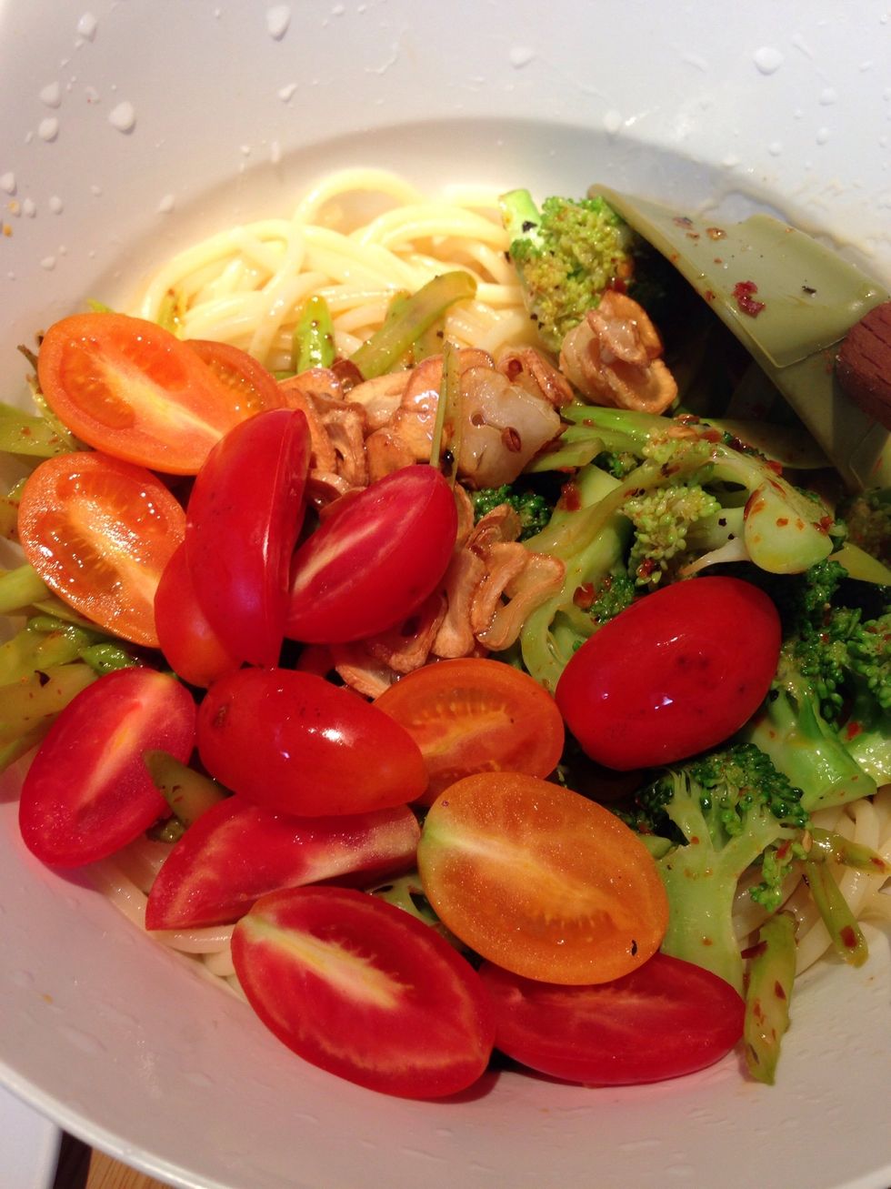 Add all the ingredients in a big salad bowl and toss them until well combined. Add Parmesan cheese, additional salt, olive oil and pepper if desired. Don't over season the pasta.