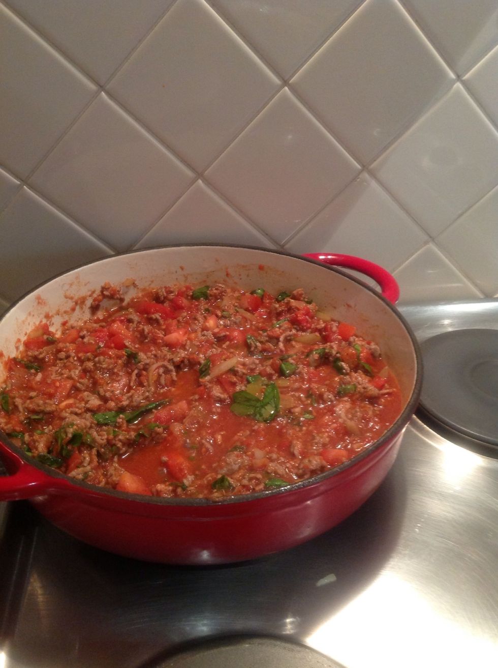 Add all types of tomato, basil and beef. Season. Simmer on low.
