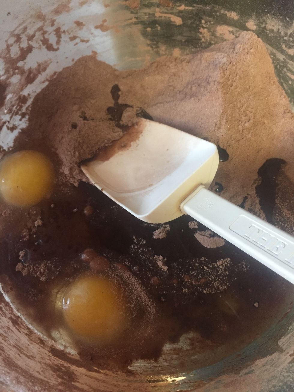 Add all wet ingredients to dry ingredients and mix until completely stirred together