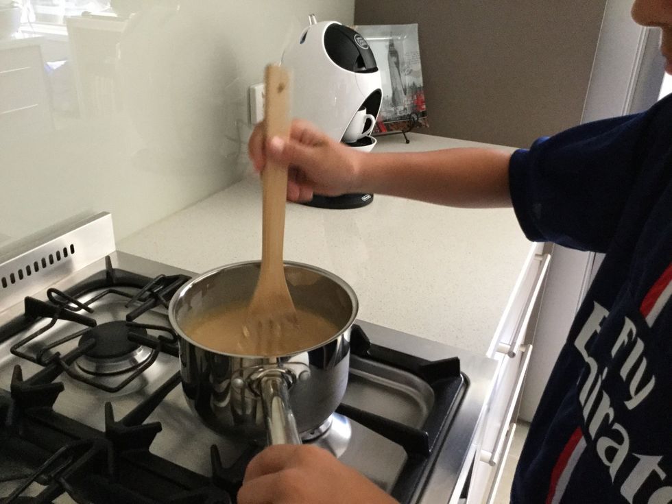 Add all your ingredients into a pan, and mix over medium heat. Once boiling, let it simmer(heat slowly without boiling) for 2 minutes at medium low.