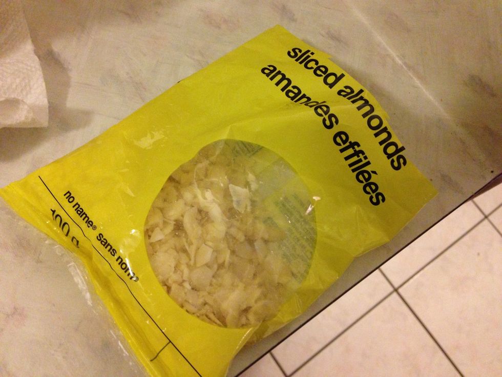 Add almonds in along with raisins, currants, candid fruit, cherries, lemon peel and orange peel.