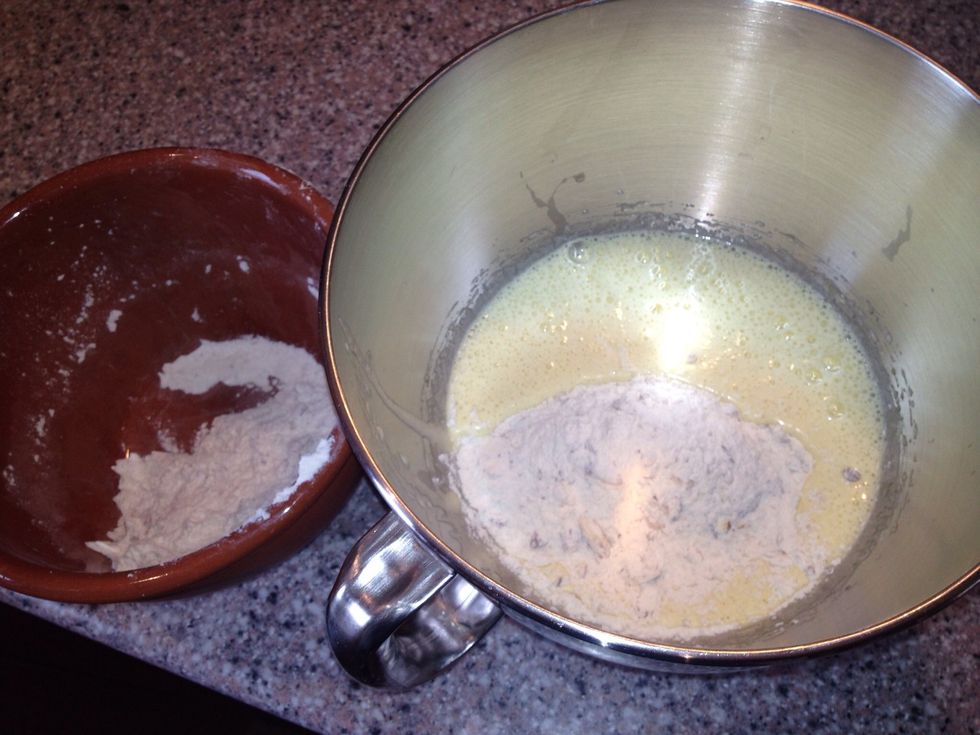 Add almost all to the egg whisk, depending on the size of your egg, you may need more or less flour.