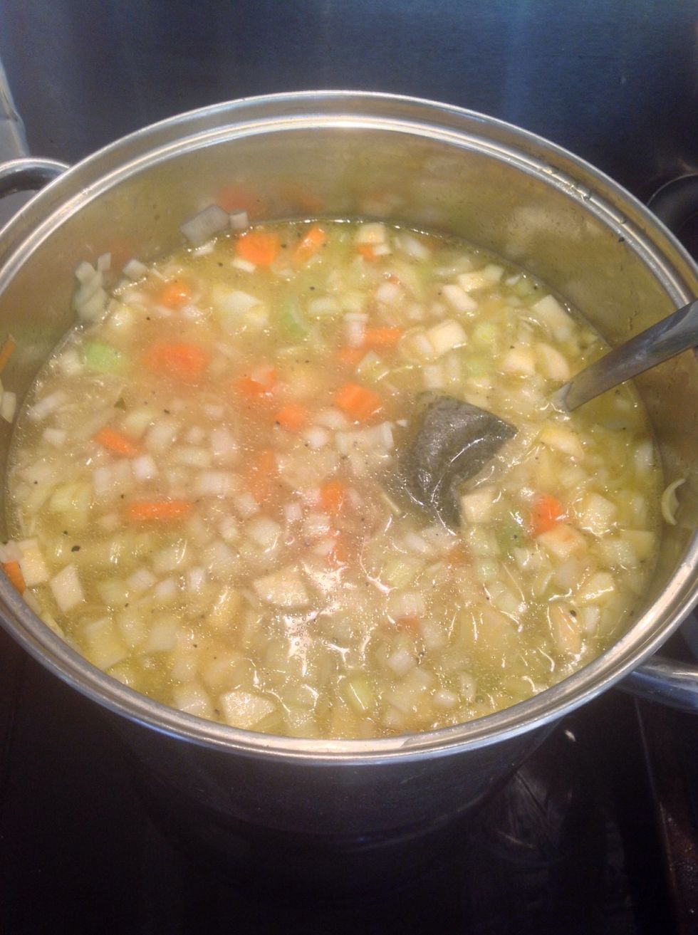 Add an additional 1-2 pints of water, so that there is at least twice as much liquid as there are vegetables. A drizzle of olive oil and bring to the boil.