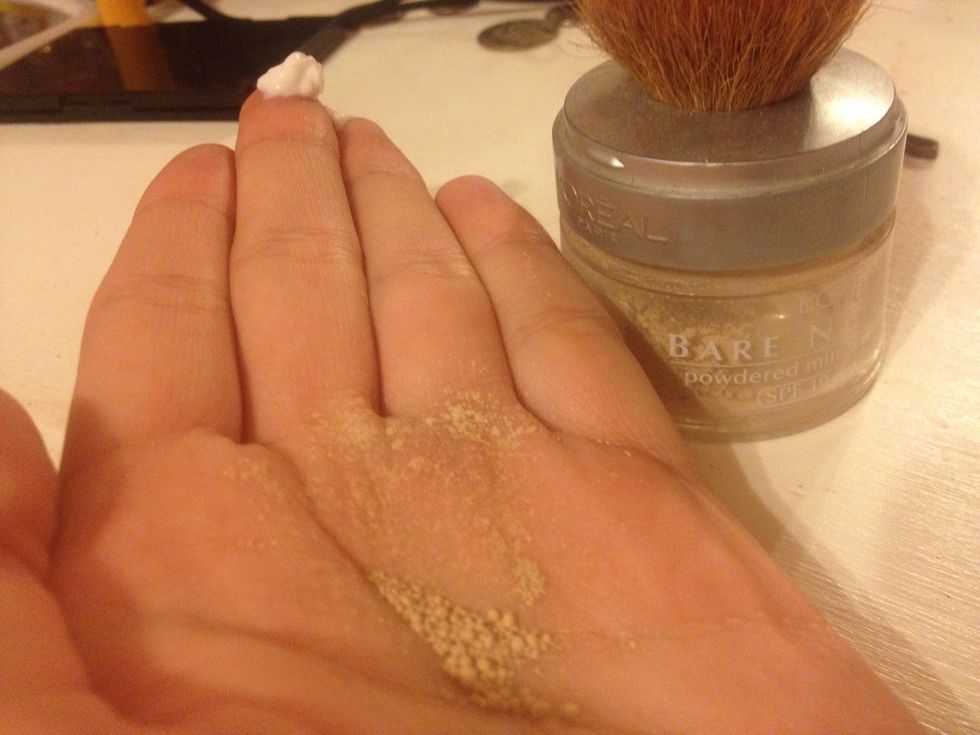 Add an equal amount or more of powder on your hand