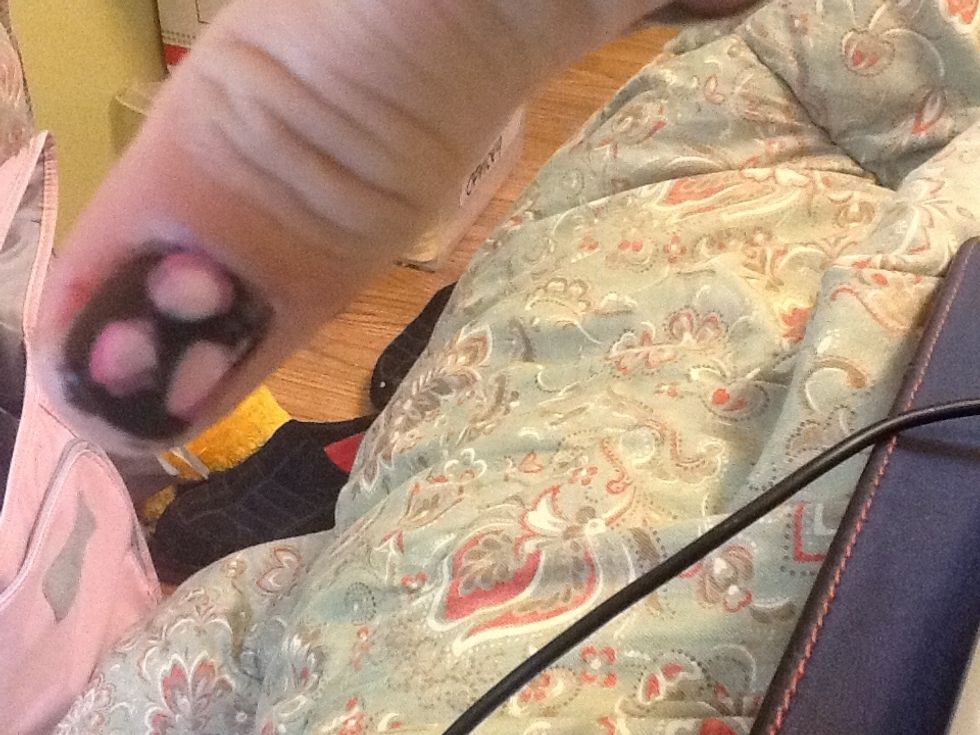 Add an inner blob of a light color. I used a french tip color--sort of a creme for the middle. Fuzzy photo sorry. I made the blobs just slightly smaller than the pink blobs.