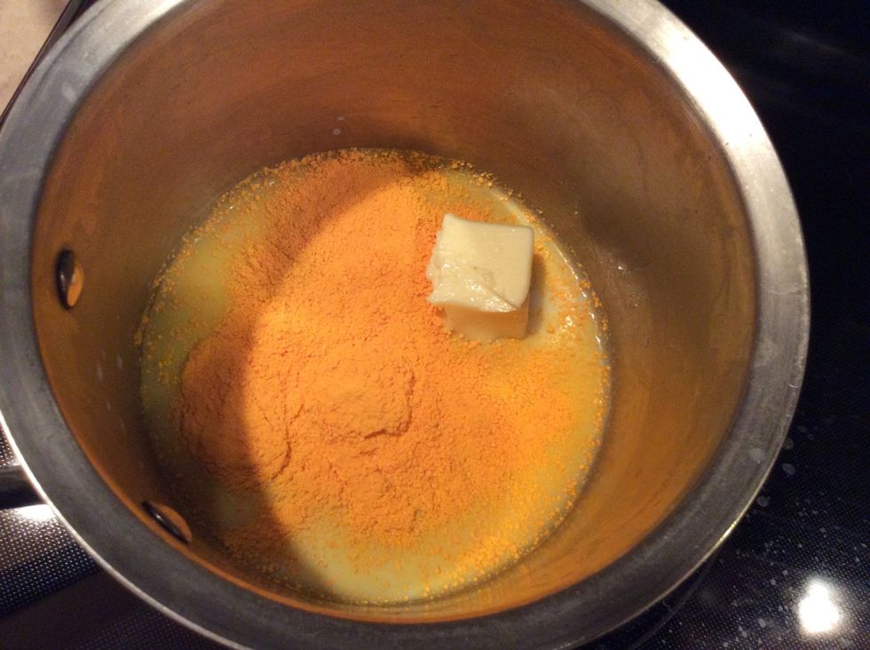 Add and mix milk, butter, and cheese packet to make cheese sauce.