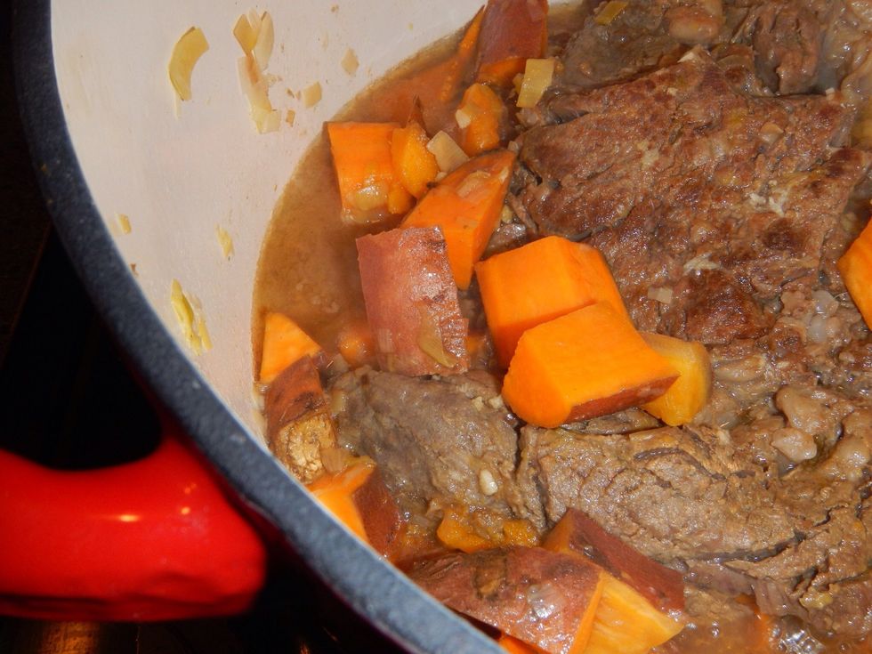 Add any extra sweet potatoes to the beef if they don't fit in your pan