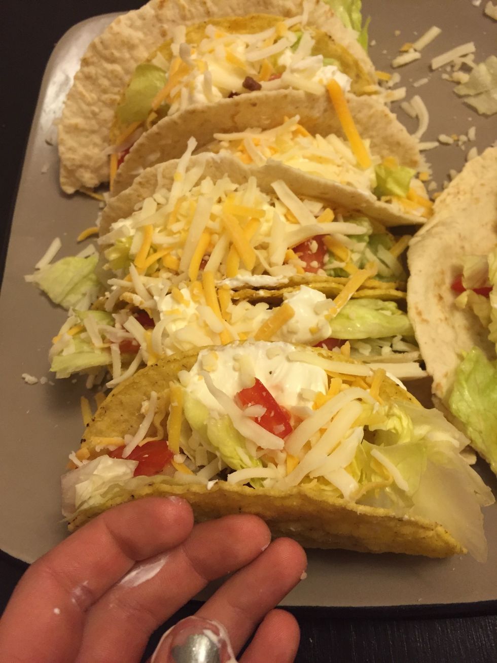 Add any other toppings you would like such as, lettuce, tomatoes, cheese, and sour cream.
