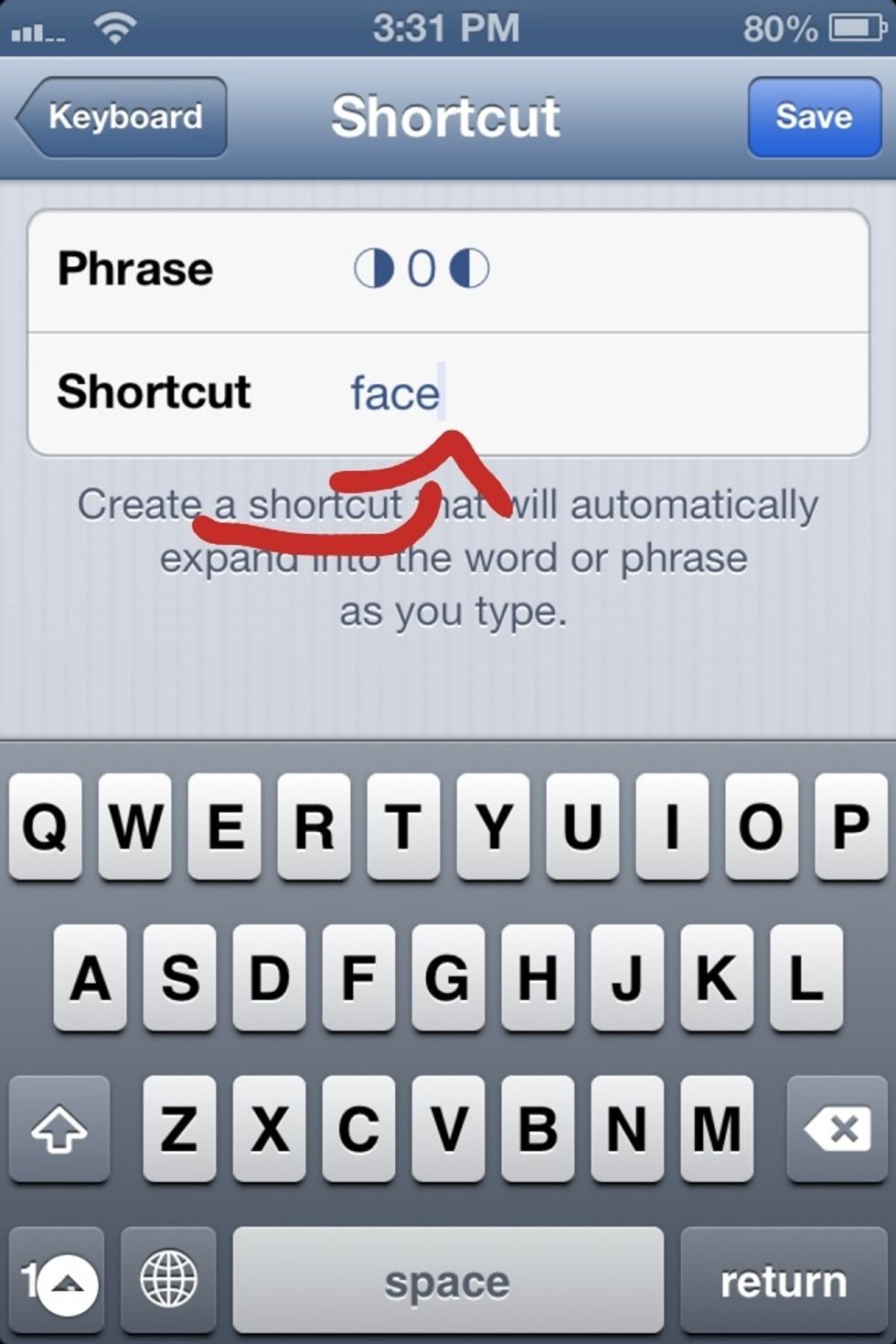 Add any word to be your "shortcut word" (I don't think numbers work)