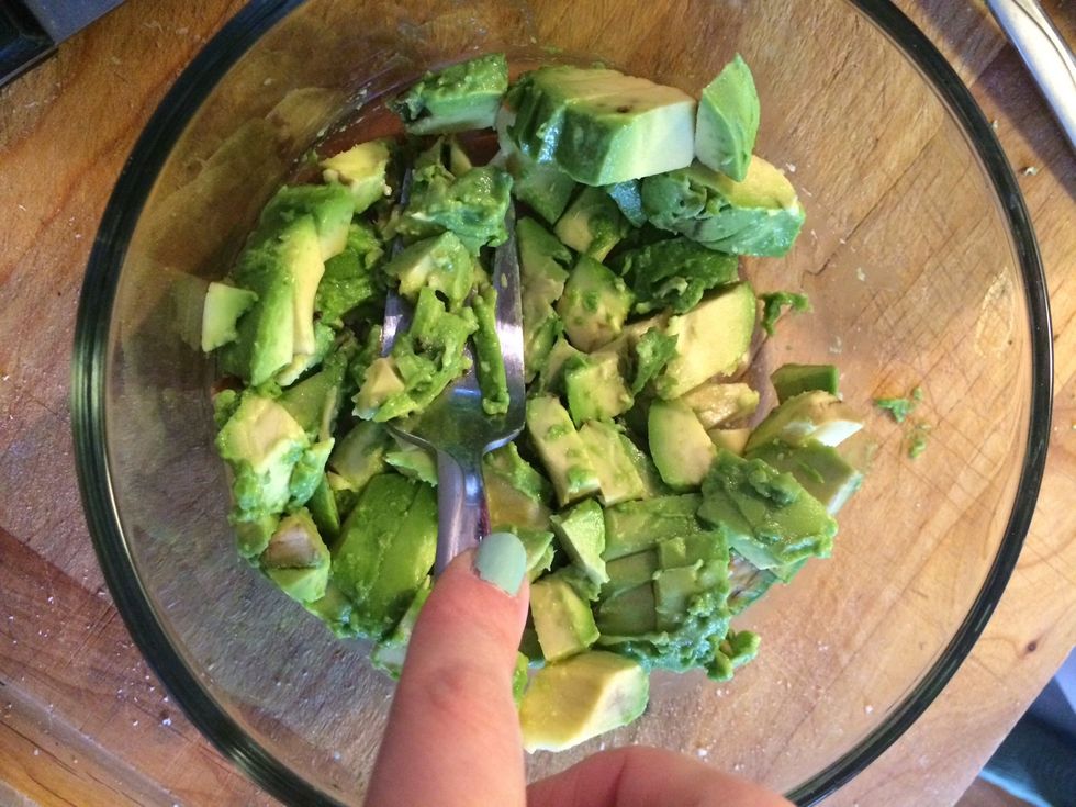 Add avocado to a separate bowl and mash with fork. I used 1.5 avocados for 8 eggs.