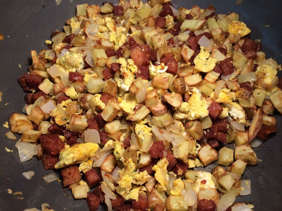 Add back the luncheon meat n potatoes.