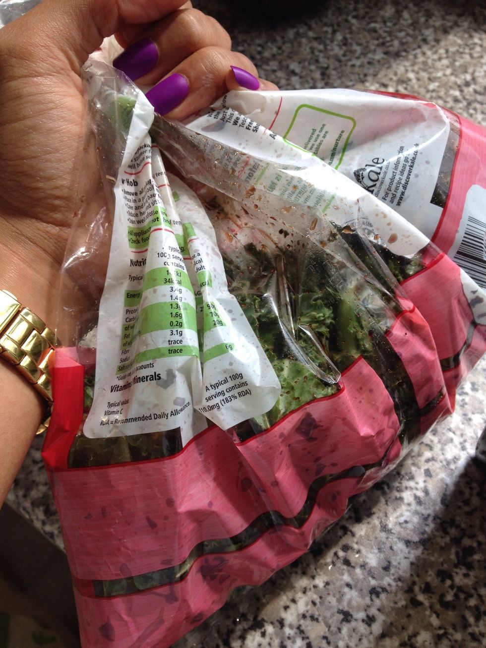 Add balsamic vinegar, olive oil, salt & pepper into the bag of curly kale. (Or add everything into an airtight bag. Freezer bags & sandwich bags can do the same job.) Hold the top tightly & shake.