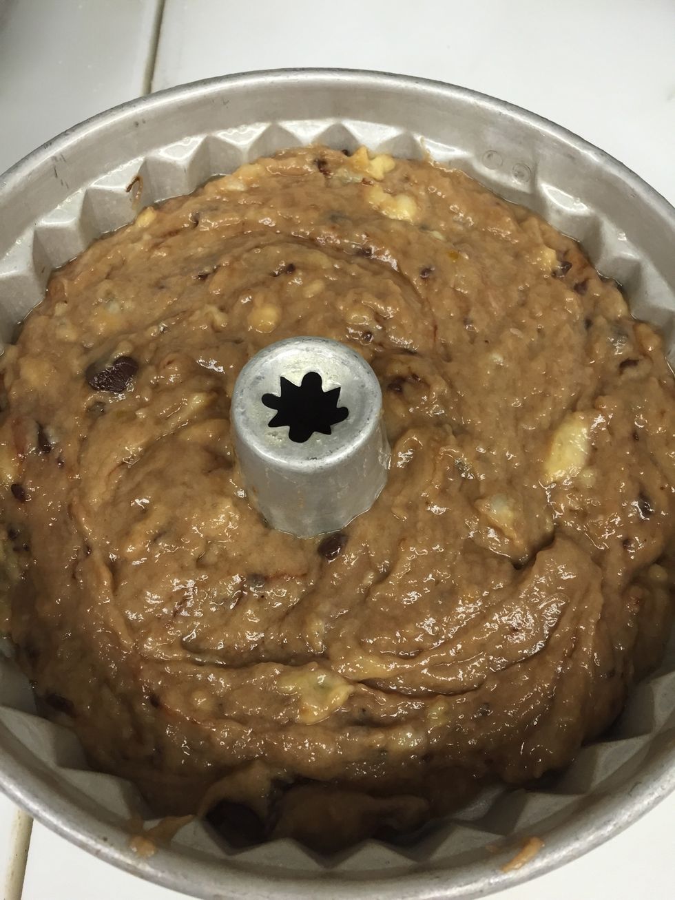 Add banana mix to the bundt pan.