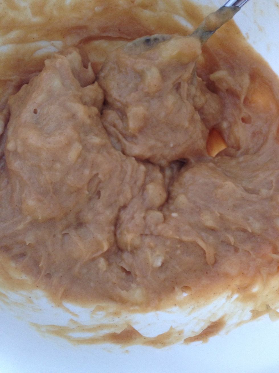 Add banana, peanut butter, egg, & honey to a medium-sized bowl & mix well.