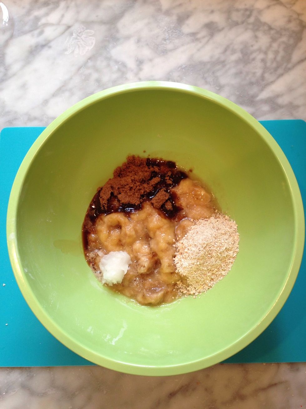 Add bananas, brown sugar, coconut oil, vanilla and rest of oat flour in a bowl