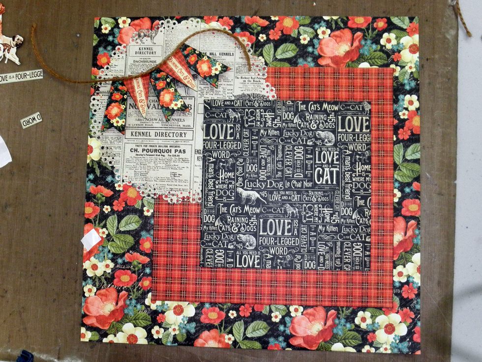 Add banners as shown and glue a piece of jute cord to the top. Use foam squares, tape, or dots to pop up and attach over the circle as shown.