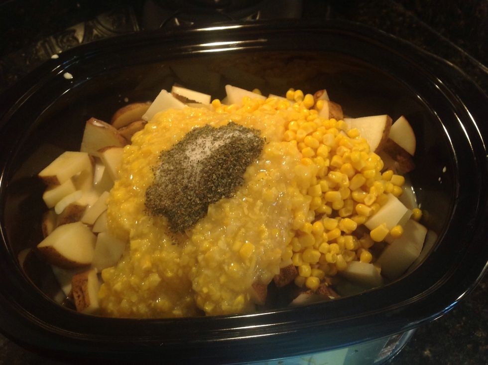 Add basil, salt and pepper to slow cooker