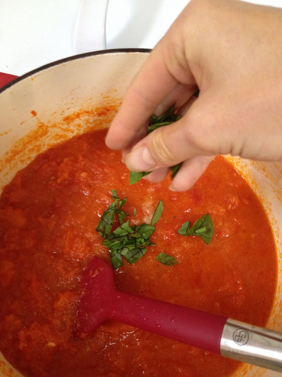 Add basil, stir and eat. Add browned, ground beef or turkey, Morning Star veggie crumbles, or Italian sausage for a traditional meaty sauce.