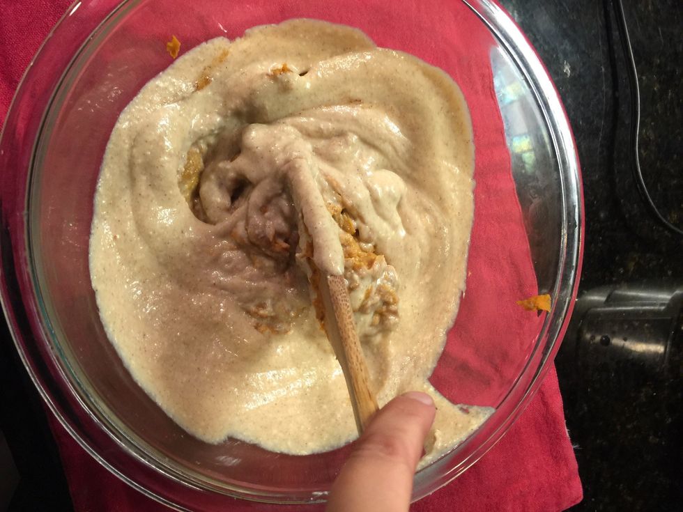 Add batter to sweet potato pur\u00e9e.