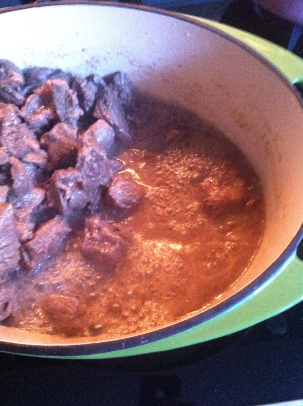 Add beef chunks, stir and let it release all the juice kept inside until beef is turned to brownish color.