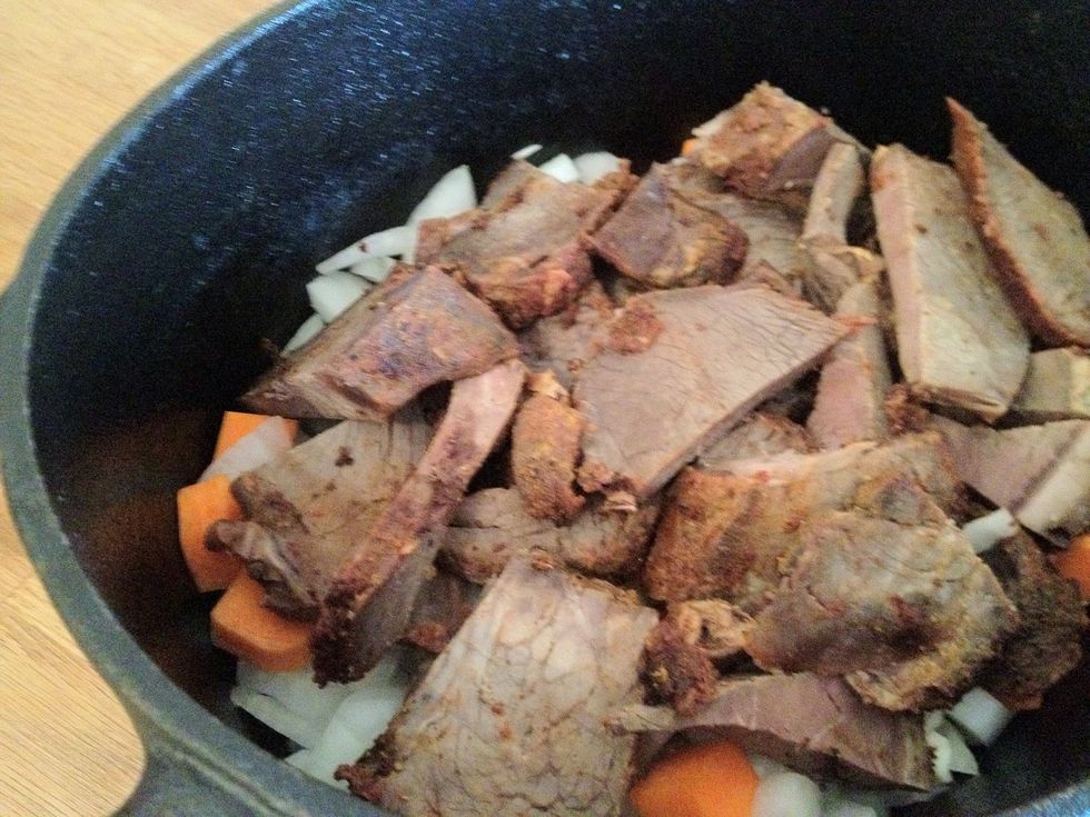 Add beef overtop of veggies