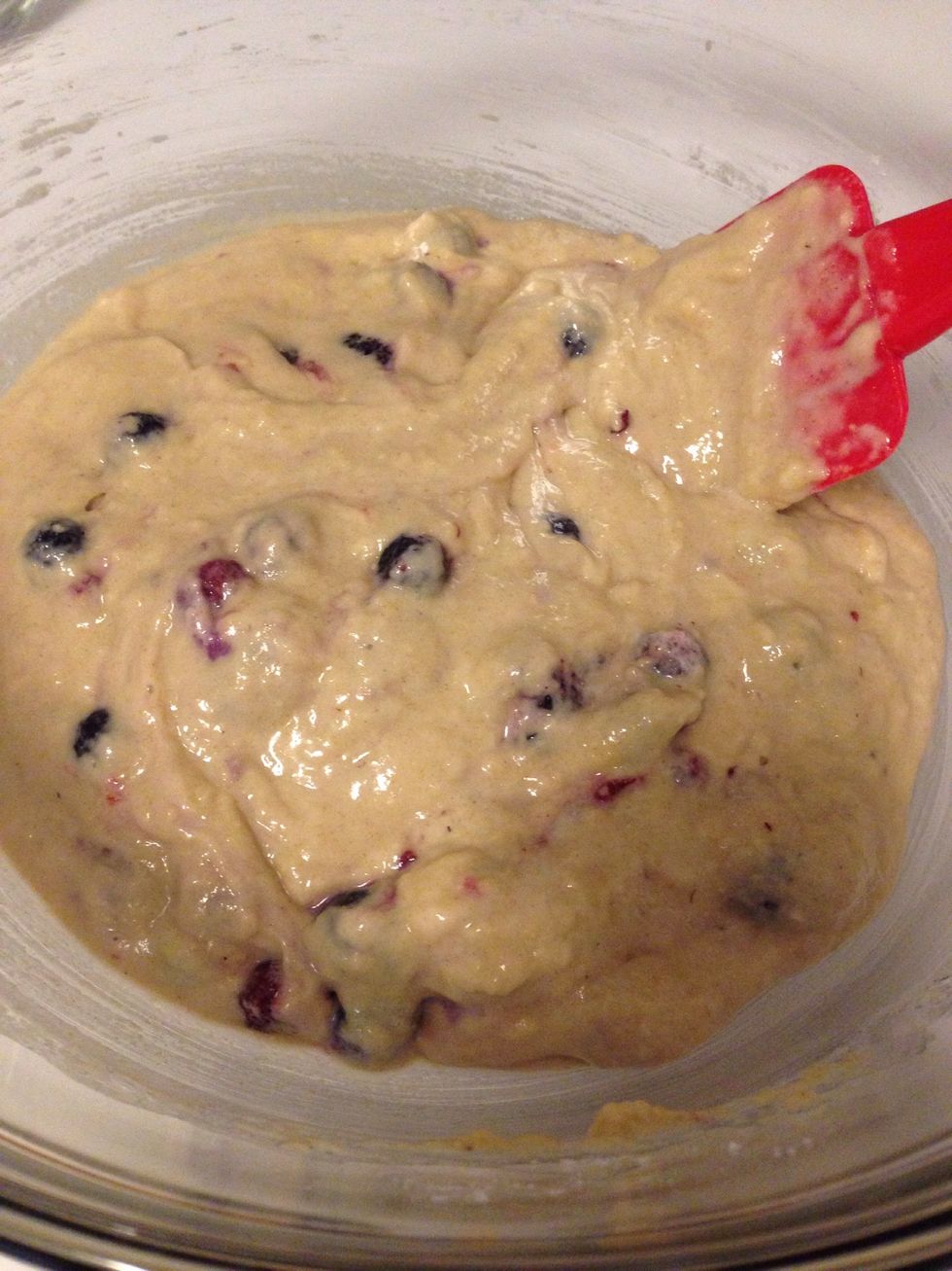 Add berries (I had frozen mixed berries on hand) and stir until just incorporated.