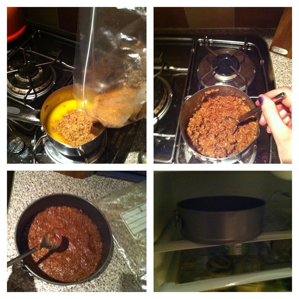 Add biscuits to the margarine, mix till all the biscuits are coverd with margarine, put the mix in the cake tin and spread out evenly! Let it set in the fridge while making the rest of the cake!