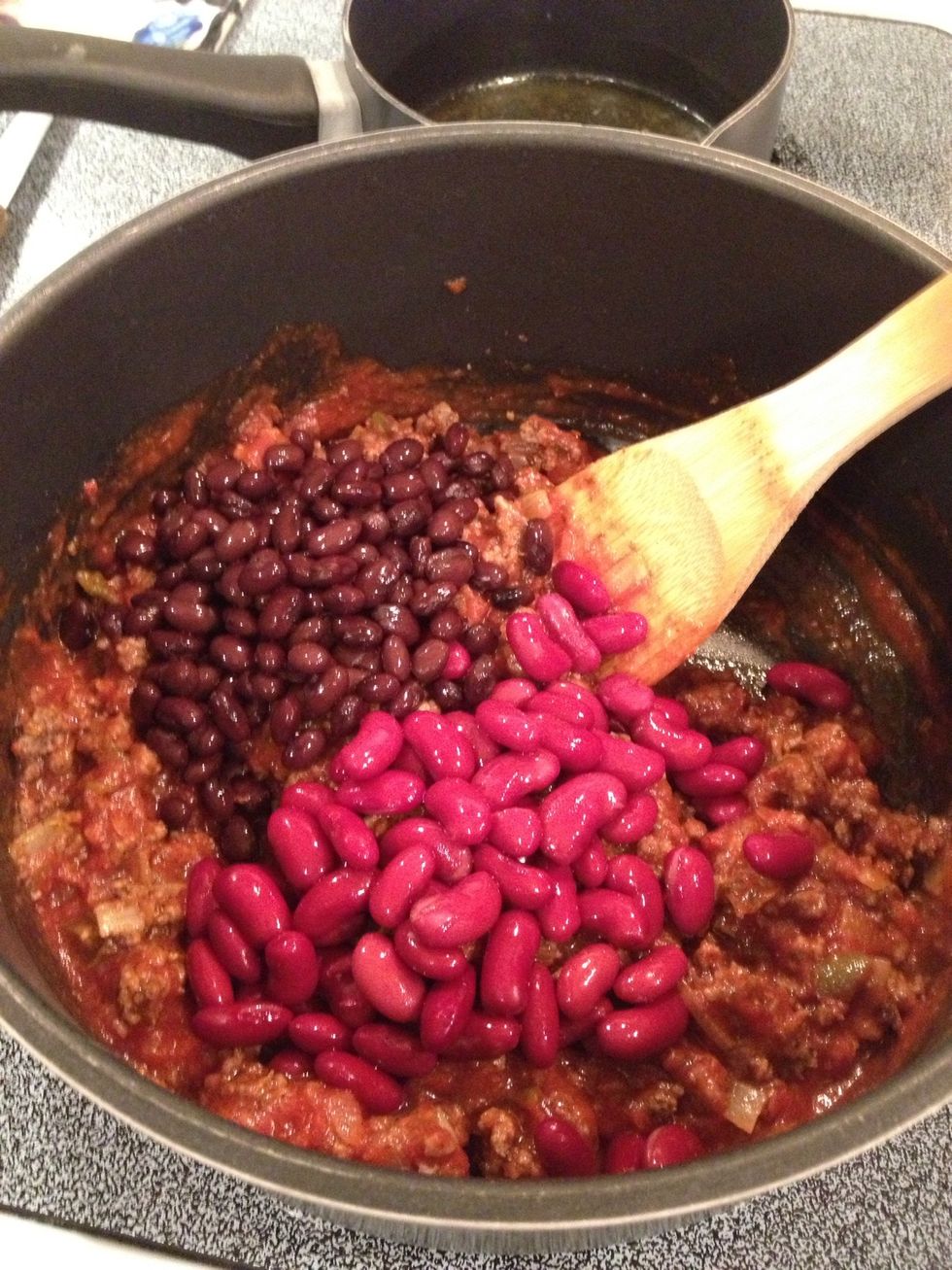 Add black beans and kidney beans.  Stir well.