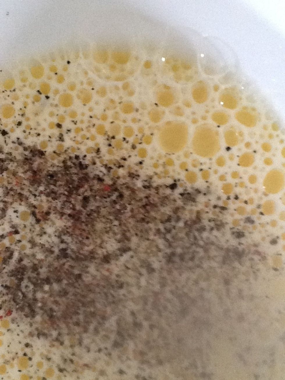 Add black pepper and pinch of nutmeg to the eggs