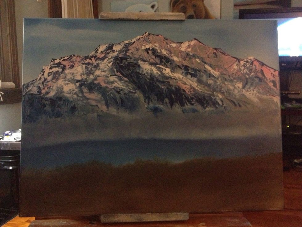 Add blue background land with your chip brush. Clean brush and tap in foreground with brown and sienna on your chip brush.