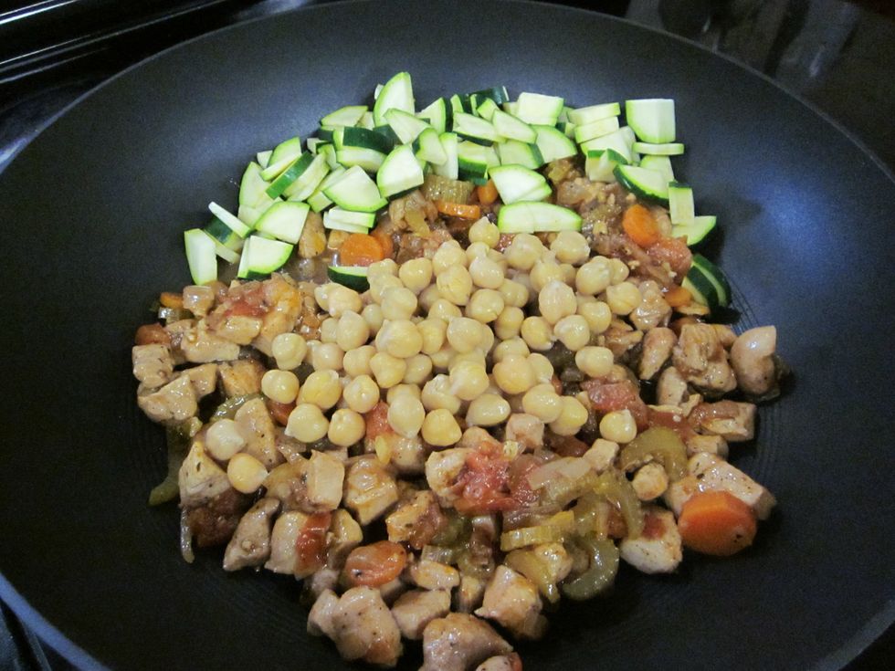 Add both the chickpeas and zucchini to the rest of the chicken and vegetables. Cook until the zucchini is cooked all the way through and tender.